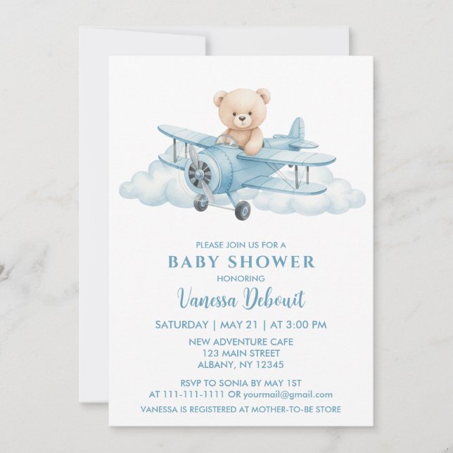 Invitación Cute Teddy Bear Sky Adventure Baby Shower (Anverso)