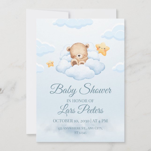 Invitación Cute Teddy Bear Sleeping on Cloud Baby Shower Invi (Anverso)