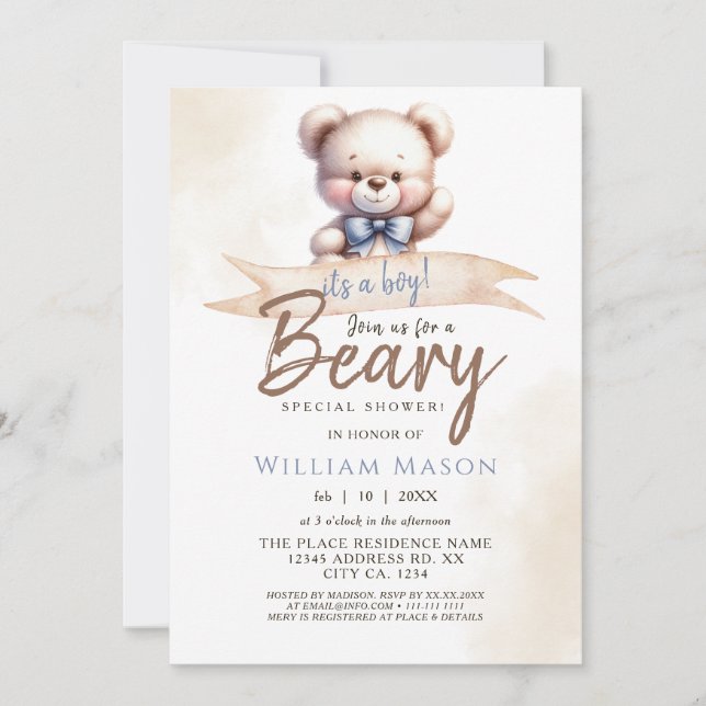 Invitación Cute Teddy Bear, soy un chico Baby Shower acuarela (Anverso)