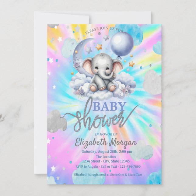 Invitación Cute Teddy Bear Stars Nubes Tie Dye Baby Shower (Anverso)