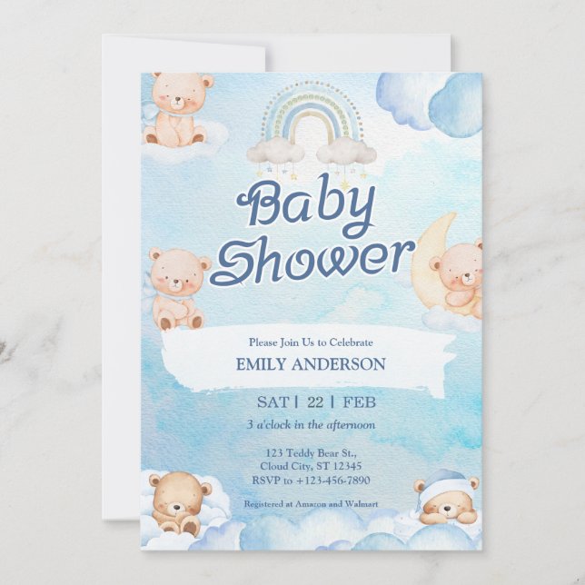 Invitación Cute Teddy Bear Twinkle Little Star Cloud (Anverso)