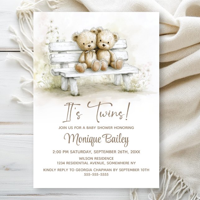 Invitación Cute Teddy Bear Twins Baby Shower (Subido por el creador)
