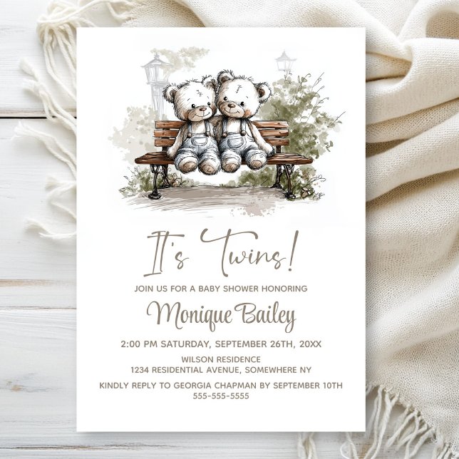 Invitación Cute Teddy Bear Twins Baby Shower (Subido por el creador)