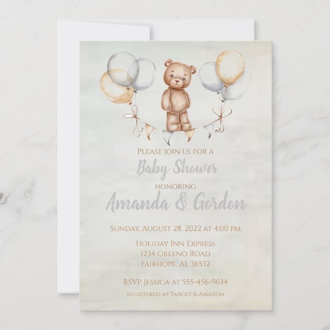 Invitación Cute Teddy Bear Watercolor Baby Shower (Anverso)