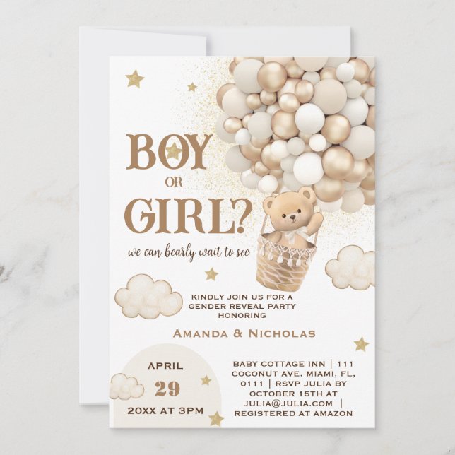 Invitación Cute Teddy Bear White Beige Gold Revelación de gén (Anverso)