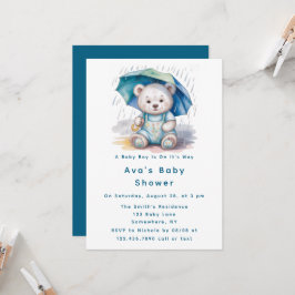 Invitación Cute Teddy Bear With Umbrella Boy Baby Shower 