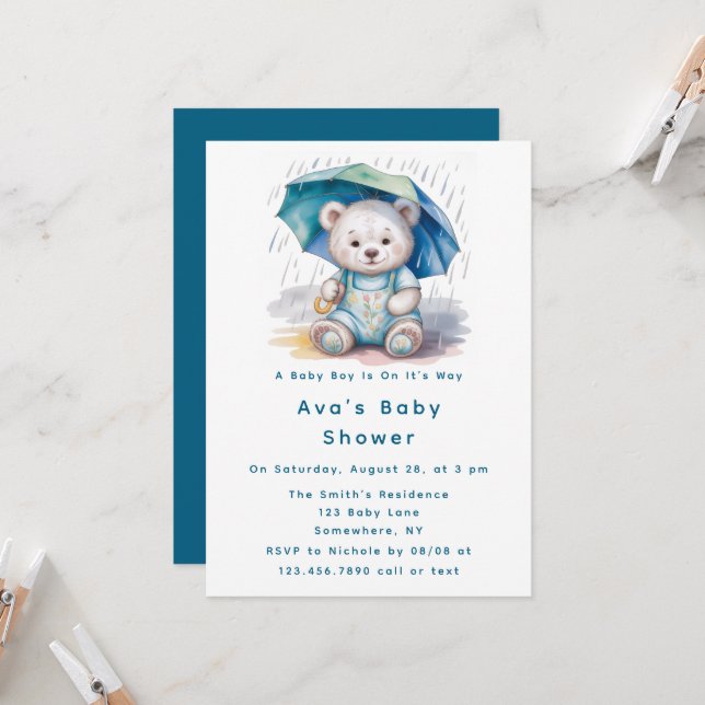 Invitación Cute Teddy Bear With Umbrella Boy Baby Shower  (Anverso/Reverso In Situ)