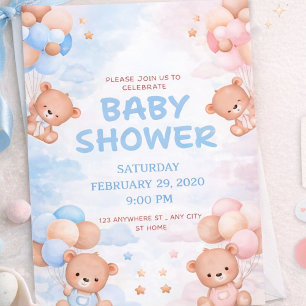Invitación Cute Teddy Bear y globo azul rosa Baby Shower