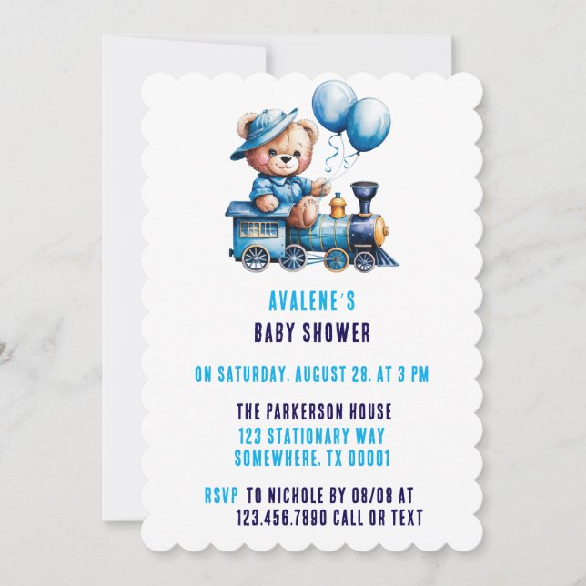 Invitación Cute Teddy Bear y Train Boy Baby Shower (Anverso)
