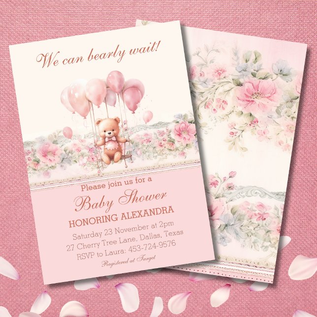 Invitación Cute Teddy Bearly Wait Chica Rosado Baby Shower (Subido por el creador)