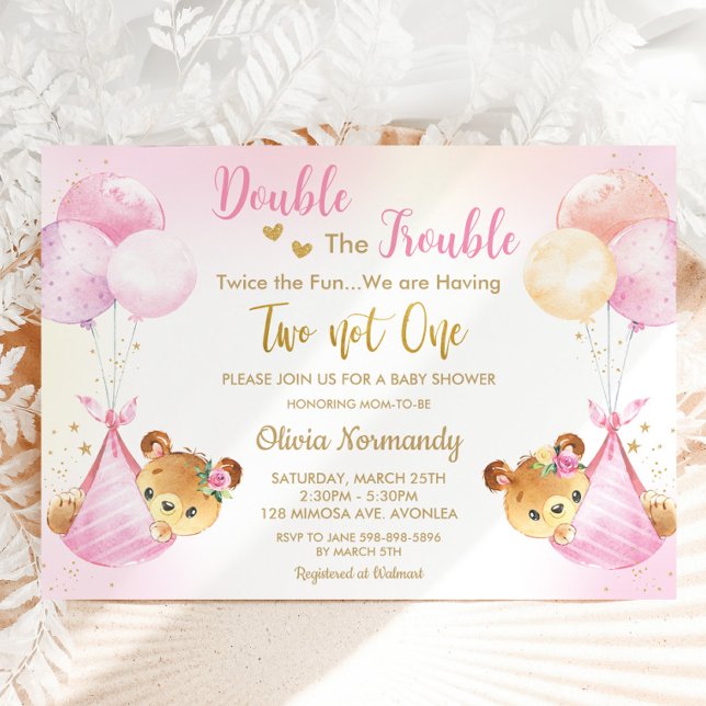 Invitación Cute Teddy Bears Chicas gemelos Baby Shower rosa (twin girls cute bears balloons double the trouble twice the fun twins baby shower invitation digital)