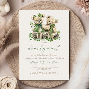Invitación Cute Teddy Bears Green Ivy Twins Baby Shower
