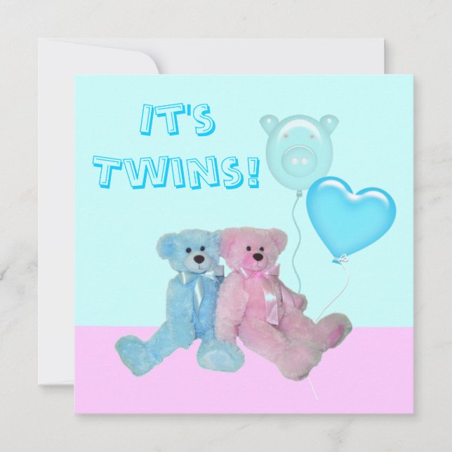 Invitación Cute Teddy Bears Twin Baby Shower (Anverso)