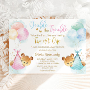 Invitación Cute Teddy Bears Twins Boy Chica Baby Shower