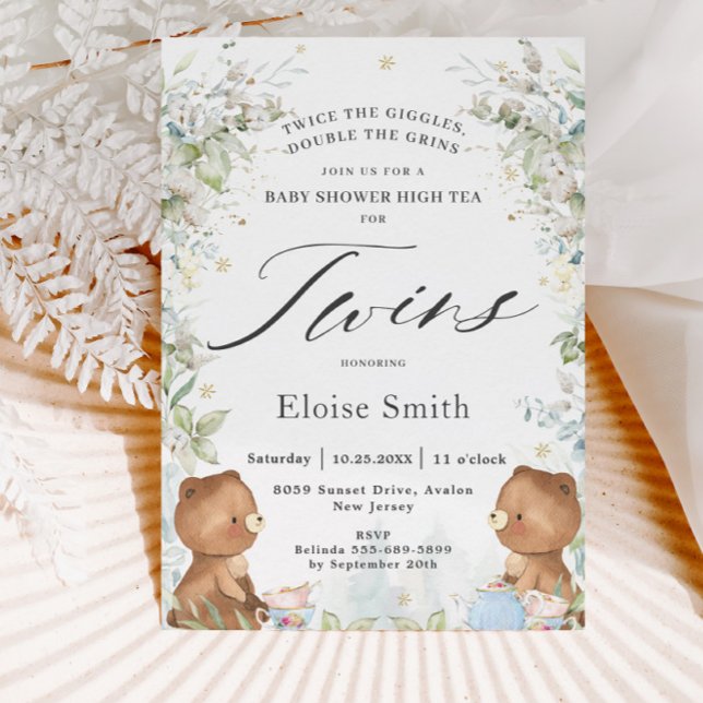 Invitación Cute Teddy Bears Twins High Tea Fiesta Baby Shower (Subido por el creador)