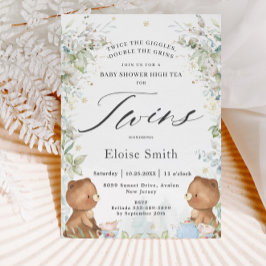 Invitación Cute Teddy Bears Twins High Tea Fiesta Baby Shower