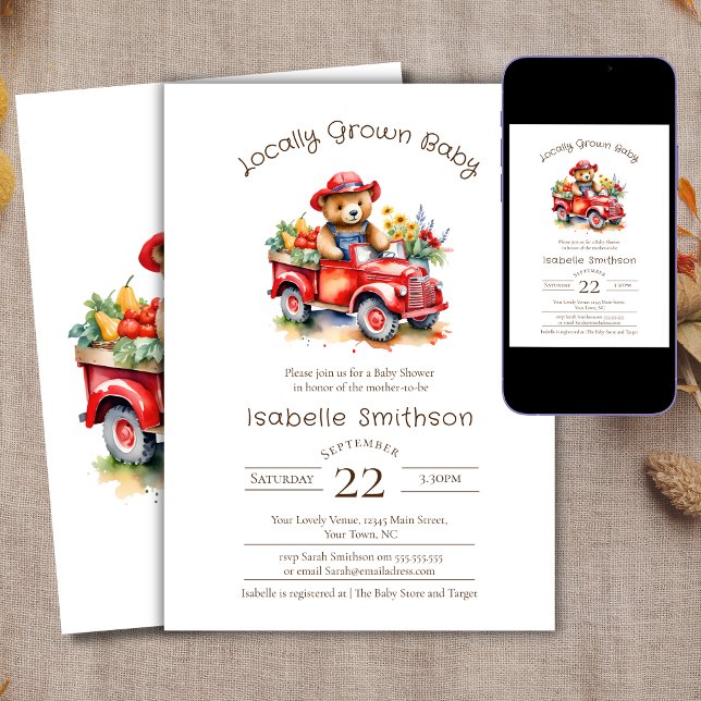 Invitación Cute Teddy cosecha Baby Shower Red Pickup (Subido por el creador)