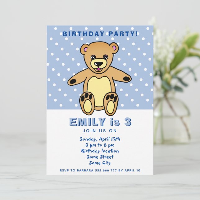 Invitación Cute Teddy Oso Polka Azul Dot Kid cumpleaños (Anverso de pie)