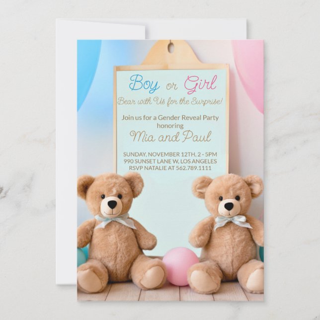 Invitación Cute Teddy Oso Revelación de Género (Anverso)