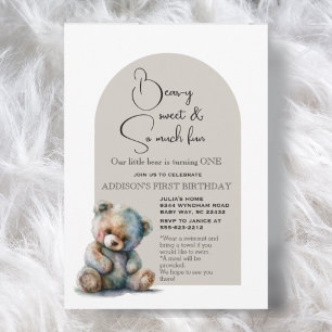 Invitación Cute Teddy Oso Tema Acuarela Primer Cumpleaños