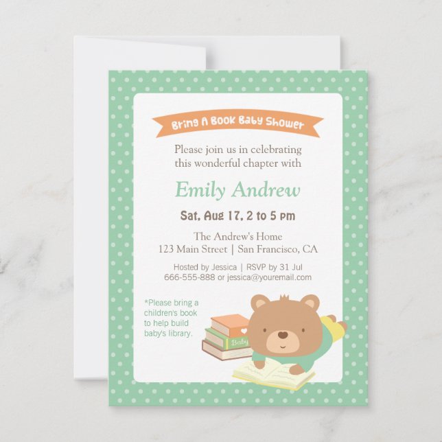 Invitación Cute Teddy trae un libro Baby Shower neutral de gé (Anverso)