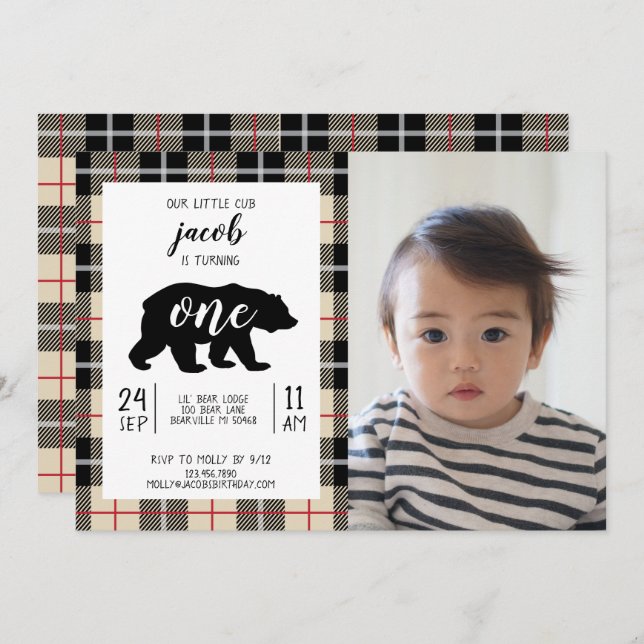 Invitación Cute Thomson Camel Plaid Baby Photo 1er cumpleaños (Anverso / Reverso)