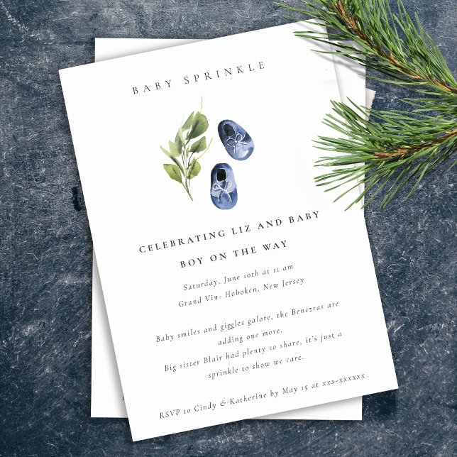 Invitación Cute Tinta Azul Zapatos Foliage Boy Bebé Sprinkle (Subido por el creador)