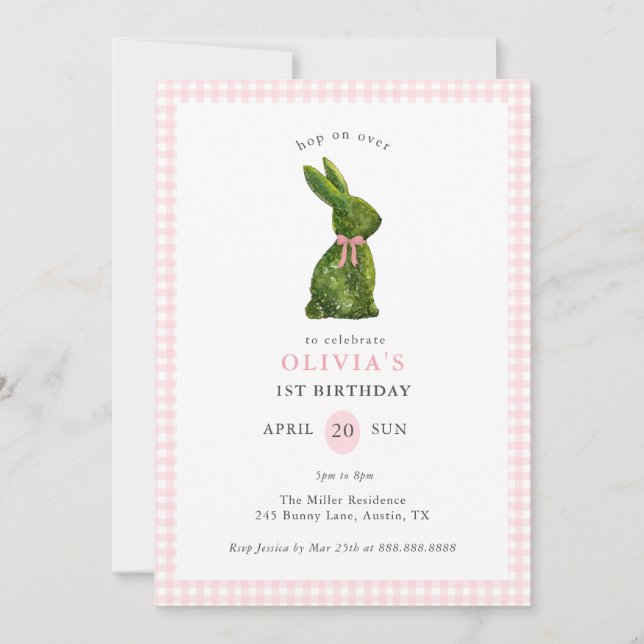 Invitación Cute Topiary Bunny Pink Gingham Girl Birthday  (Anverso)