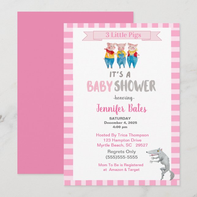 Invitación Cute tres Cerditos Tema Baby Shower rosa (Anverso / Reverso)