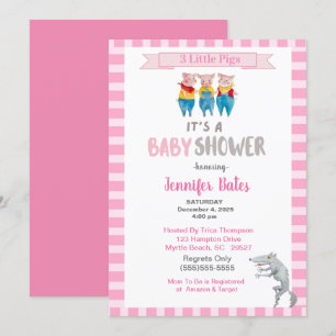 Invitación Cute tres Cerditos Tema Baby Shower rosa