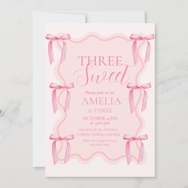 Invitación Cute tres dulces rosados Fiestas de tercer cumplea (Anverso)