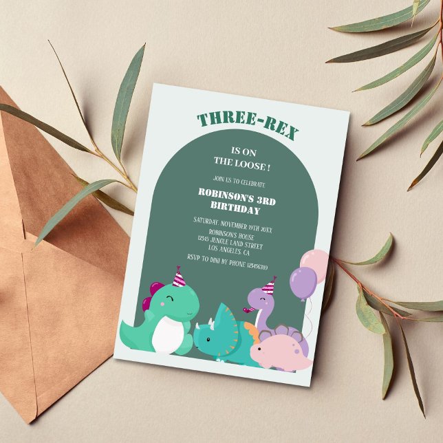 Invitación Cute tres-rex cumpleaños de un tercer dinosaurio (Subido por el creador)