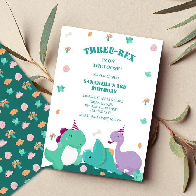 Invitación Cute tres-rex cumpleaños de un tercer dinosaurio (Subido por el creador)