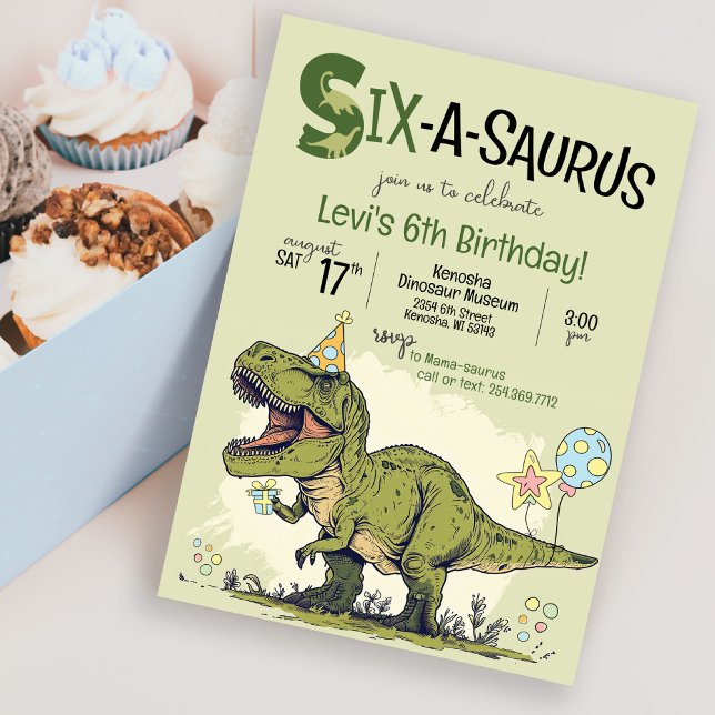 Invitación Cute TRex Dinosaur Six-A-Saurus 6ª Fiesta de Cumpl (Cute Cartoon T-Rex Dinosaur wearing birthday hat, Six-A-Saurus sixth 6th birthday party invitation)