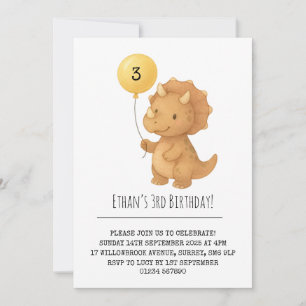 Invitación Cute Triceratops con cumpleaños con globo amarillo