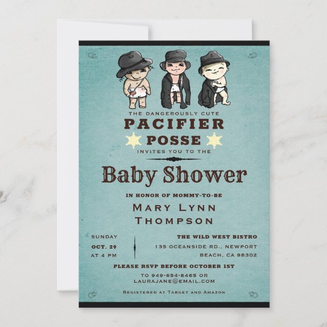 Invitación Cute Triplets Pacifier Posse Western Baby Shower (Anverso)