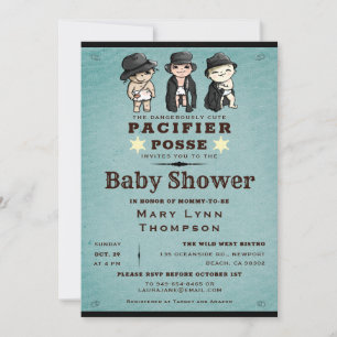 Invitación Cute Triplets Pacifier Posse Western Baby Shower