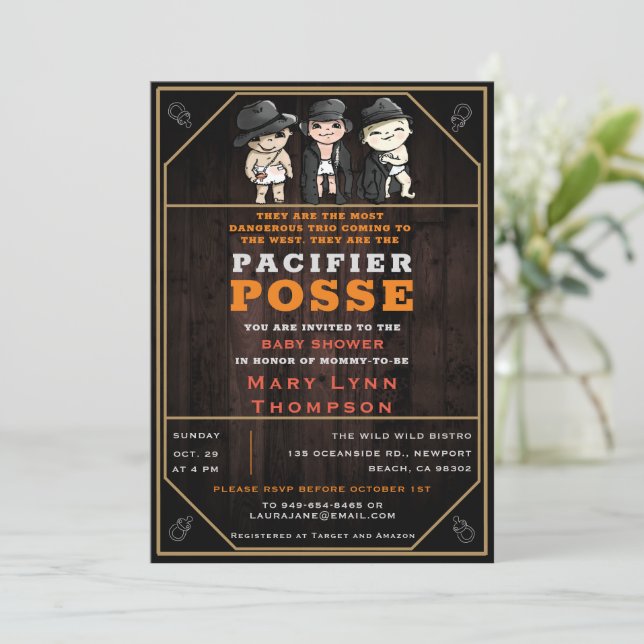 Invitación Cute Triplets Pacifier Posse Wild West Baby Shower (Anverso de pie)