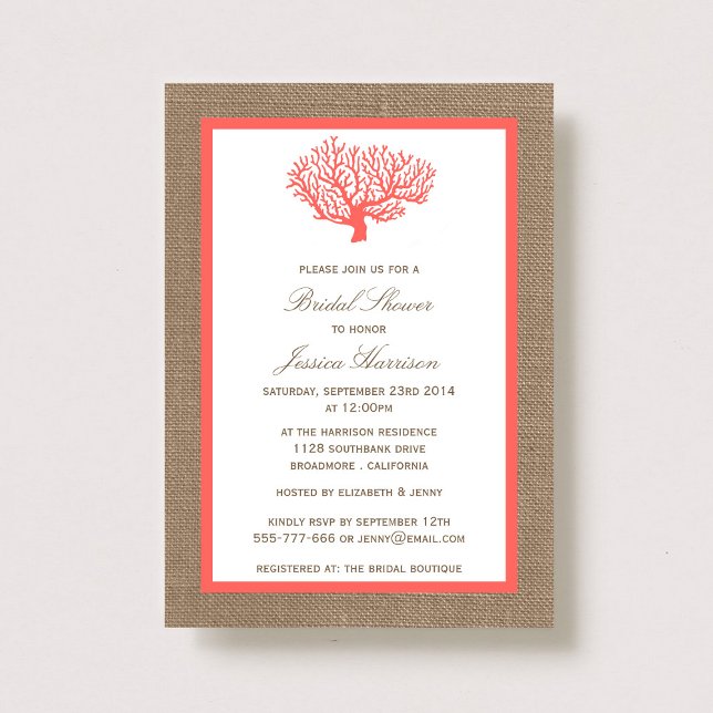 Invitación Cute Tropical Coral Beach Burlap Bridal Shower (Subido por el creador)