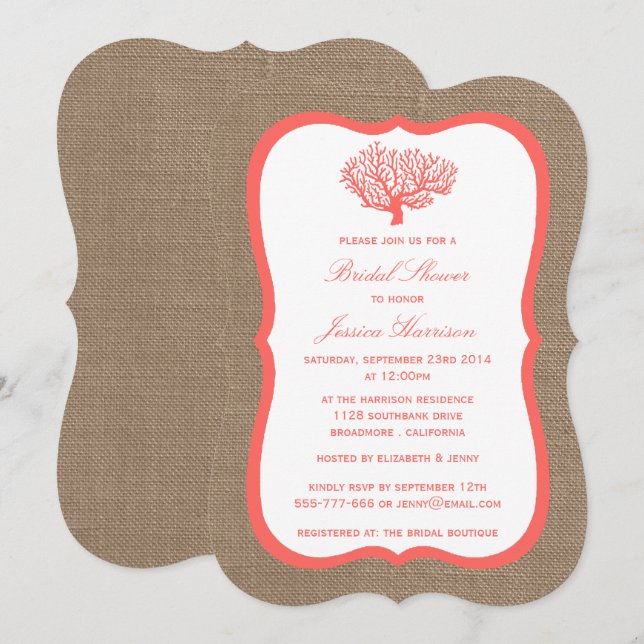 Invitación Cute Tropical Coral Beach Burlap Bridal Shower (Anverso / Reverso)