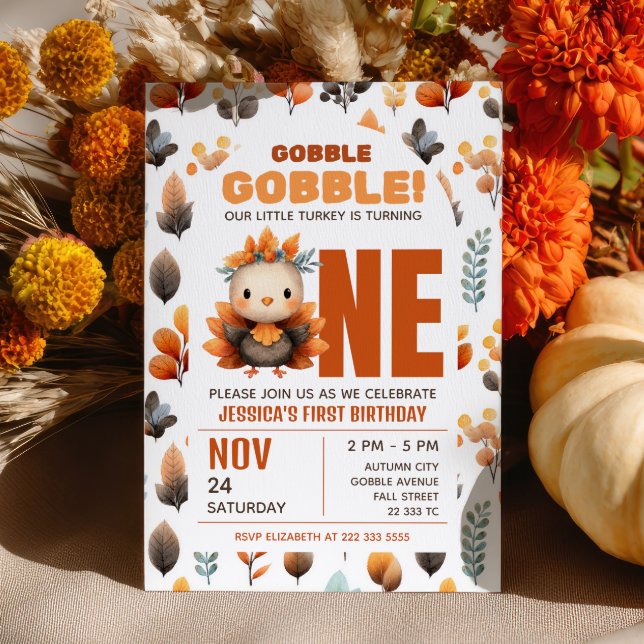 Invitación Cute Turkey Fall Foliage Thanksgiving 1st Birthday (Subido por el creador)