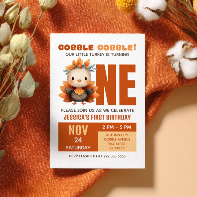 Invitación Cute Turkey Gobble Fall Thanksgiving 1st Birthday (Subido por el creador)