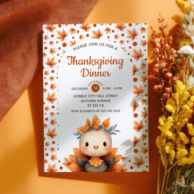 Invitación Cute Turkey with Fall Foliage Thanksgiving Dinner  (Subido por el creador)