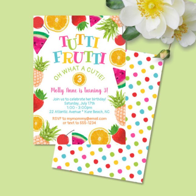 Invitación Cute Tutti Frutti Watercolor Fruits Chica de cumpl (Tutti Frutti Colorful Polka Dots Birthday Invitation)