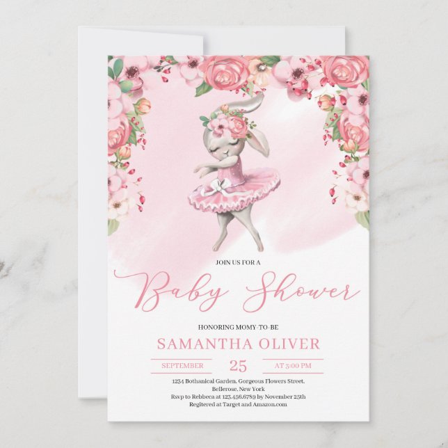 Invitación Cute tutu bunny bailerina florida Baby Shower (Anverso)