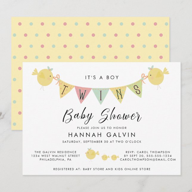 Invitación Cute Twin Boys Baby Shower (Anverso / Reverso)