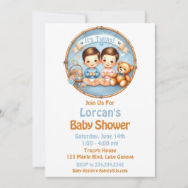 Invitación Cute Twin Boys Baby Shower Watercolor Teddy Bear