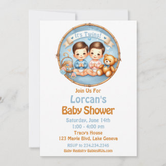 Invitación Cute Twin Boys Baby Shower Watercolor Teddy Bear
