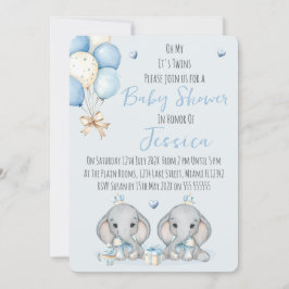 Invitación Cute Twin Boys Elephant  Baby Shower Invitation