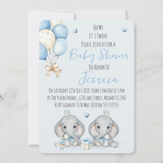 Invitación Cute Twin Boys Elephant  Baby Shower Invitation